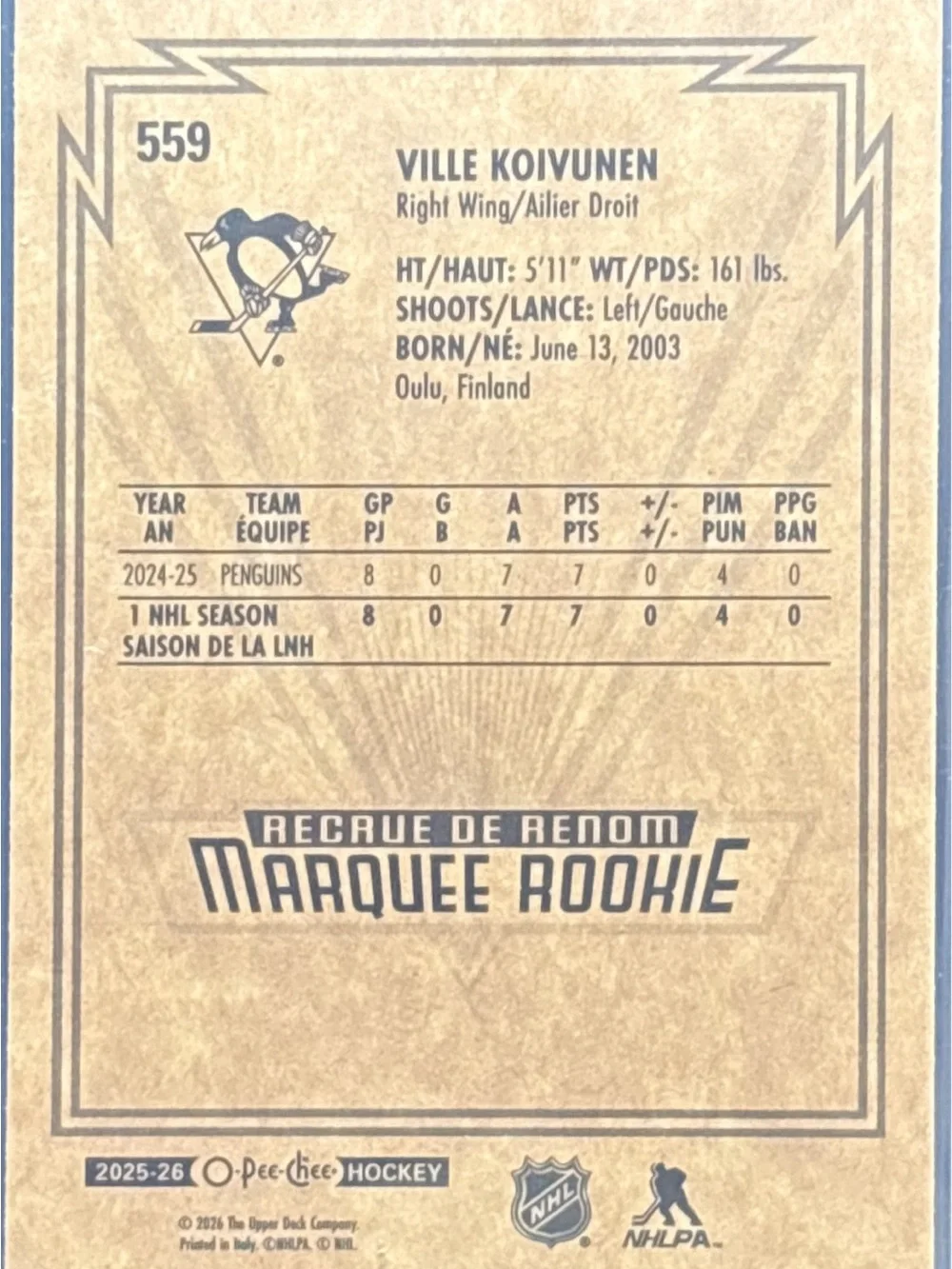 O-Pee-Chee Marquee Rookie Ville Koivunen Hockey Card